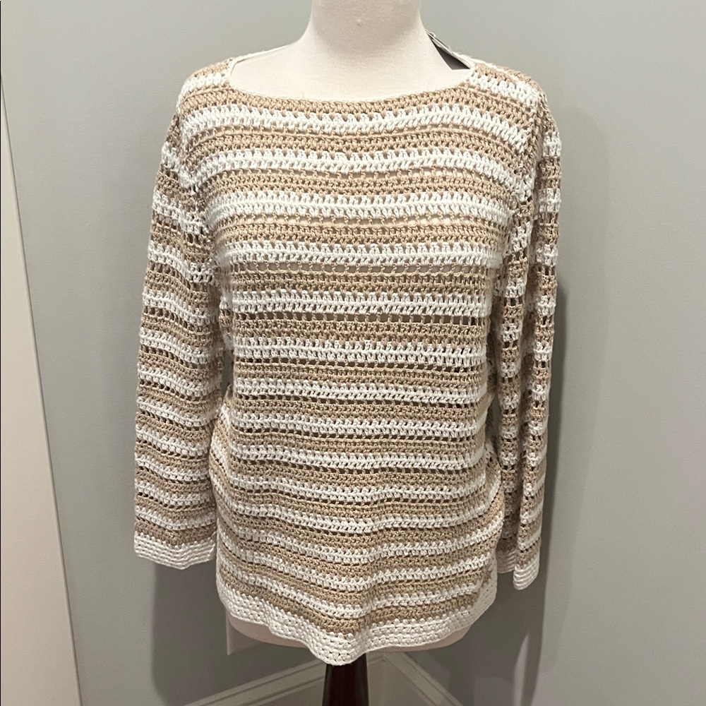 Ann Mashburn NWT Striped Open-Knit Sweater - Cream & Tan